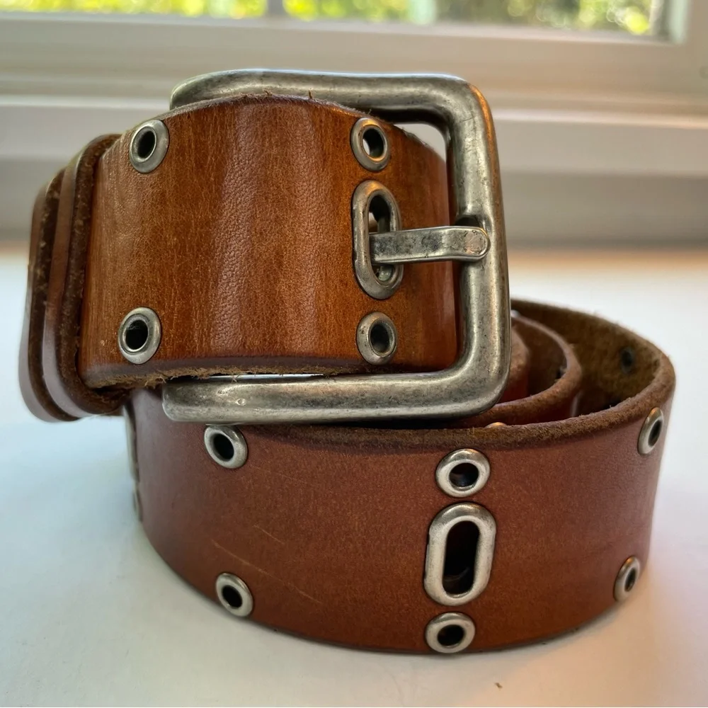 Fossil brown and silver cutout genuine leather belt boho size large
